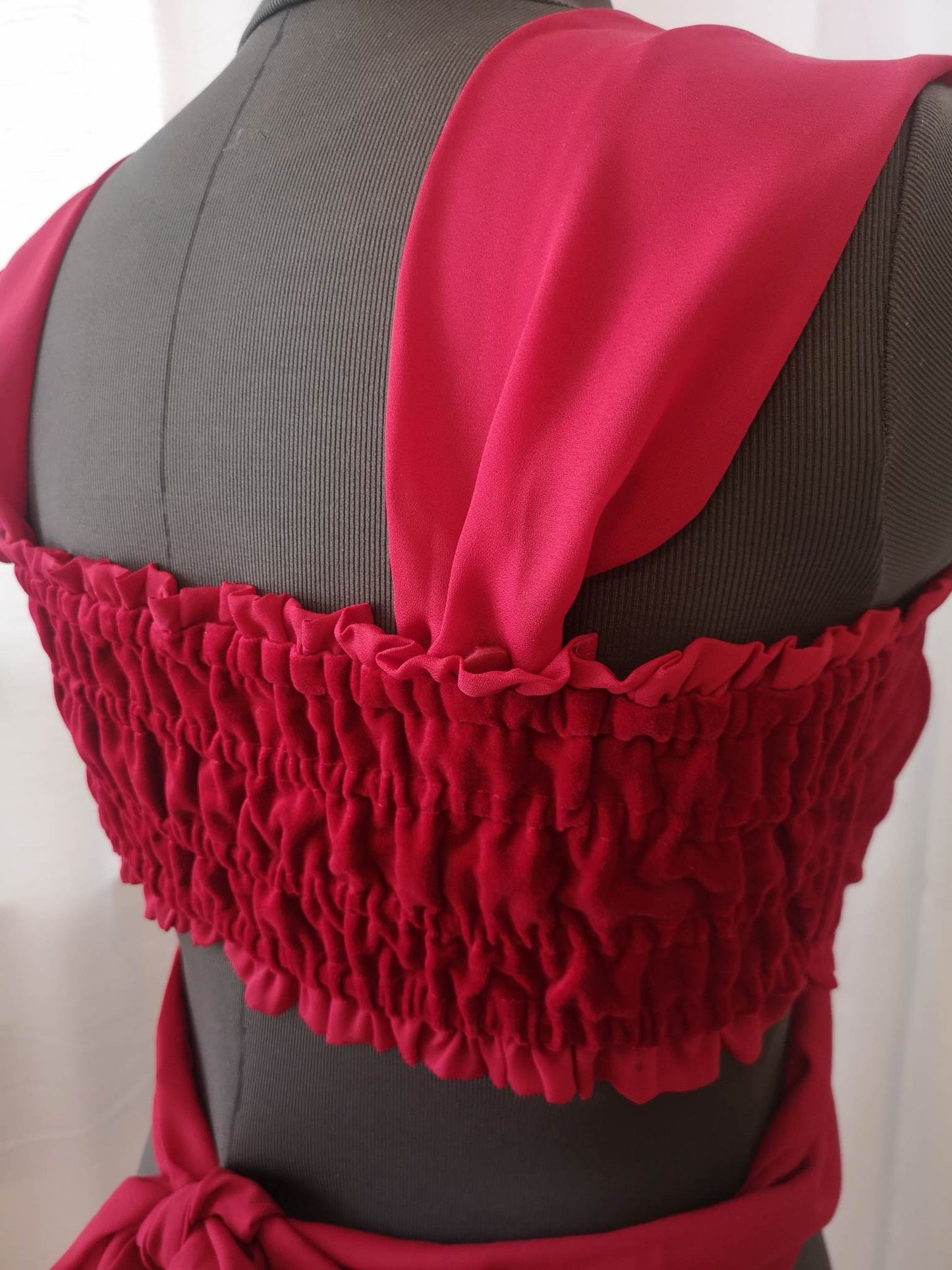 Back view of red velvet bow top