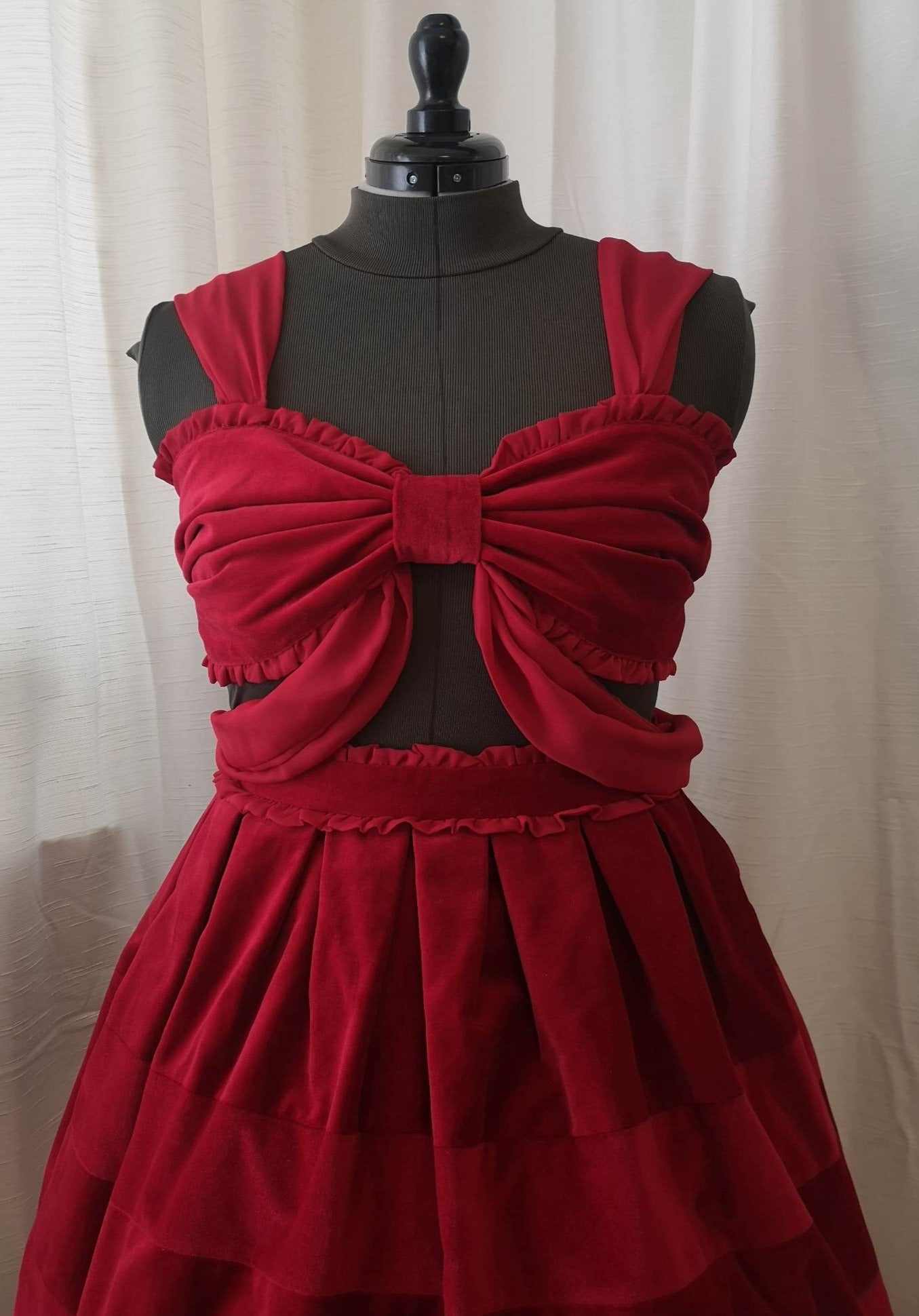 Velvet bow top shown with velvet lemur skirt